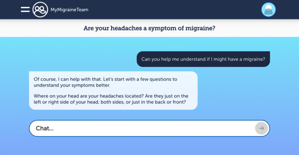 MyHealthTeam is using generative AI in member chats, as shown here in a migraine self-assessment tool.